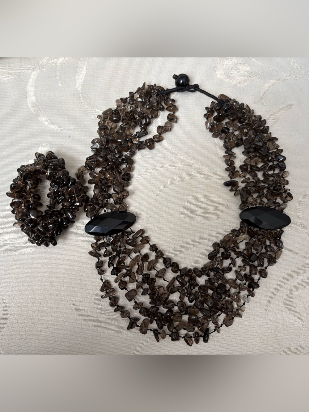 2 Piece Set Vintage Multi-Strand Smoky Quartz Statement Bib Necklace & Bracelet